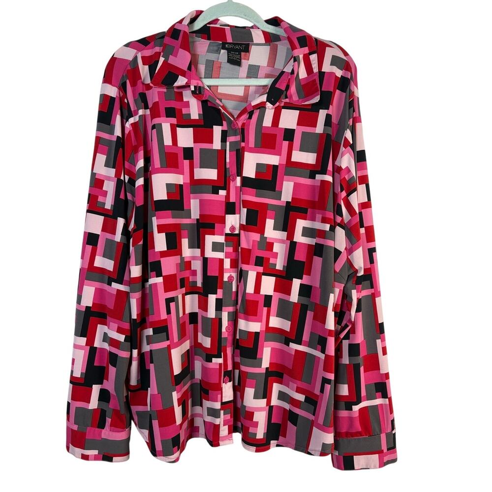 Lane Bryant Pink Geometric Print Button Up Shirt Blouse Plus Size 4X 26 / 28